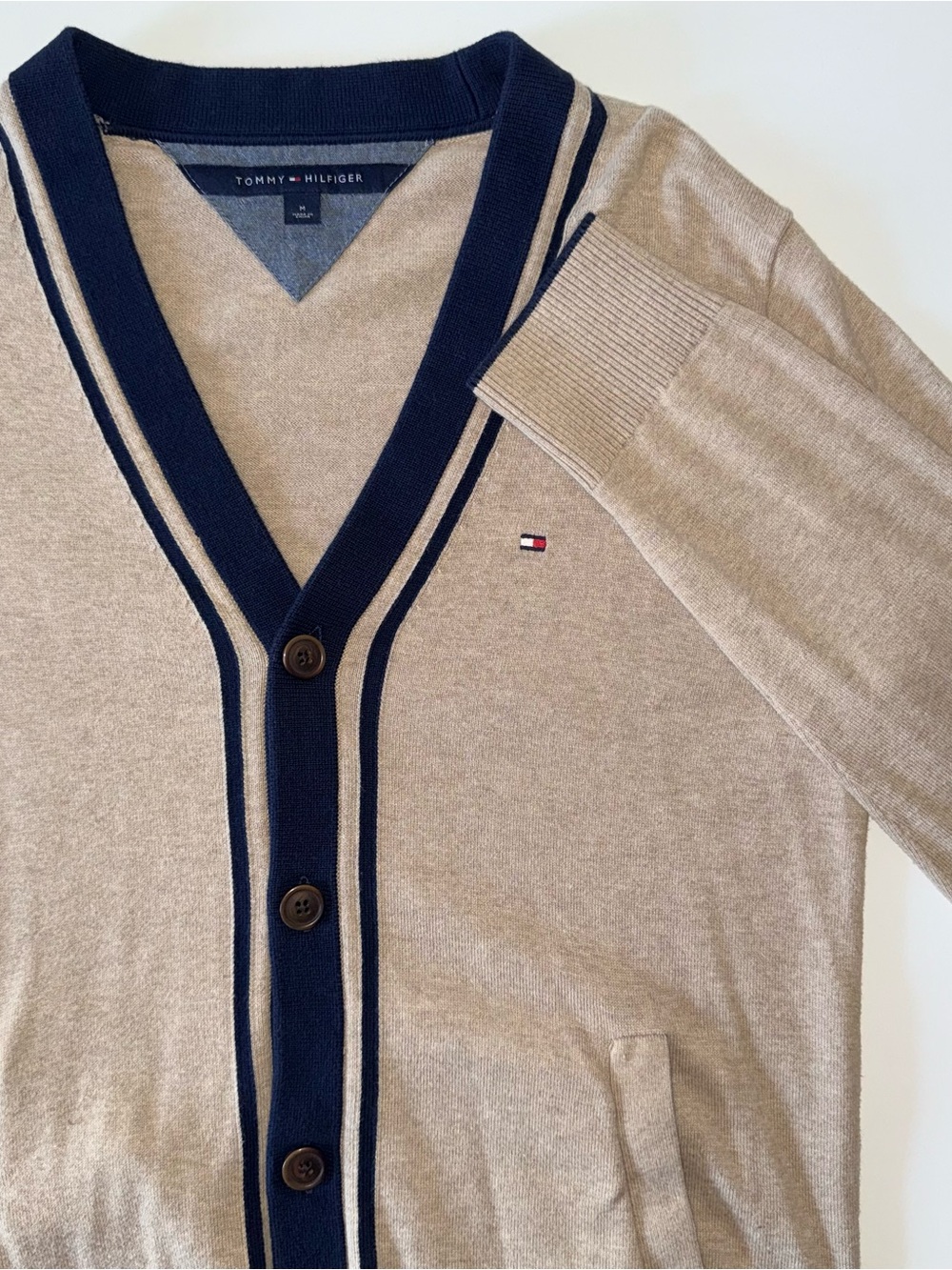 Tommy Hilfiger Cardigan Men's M Beige Navy 100% Cotton